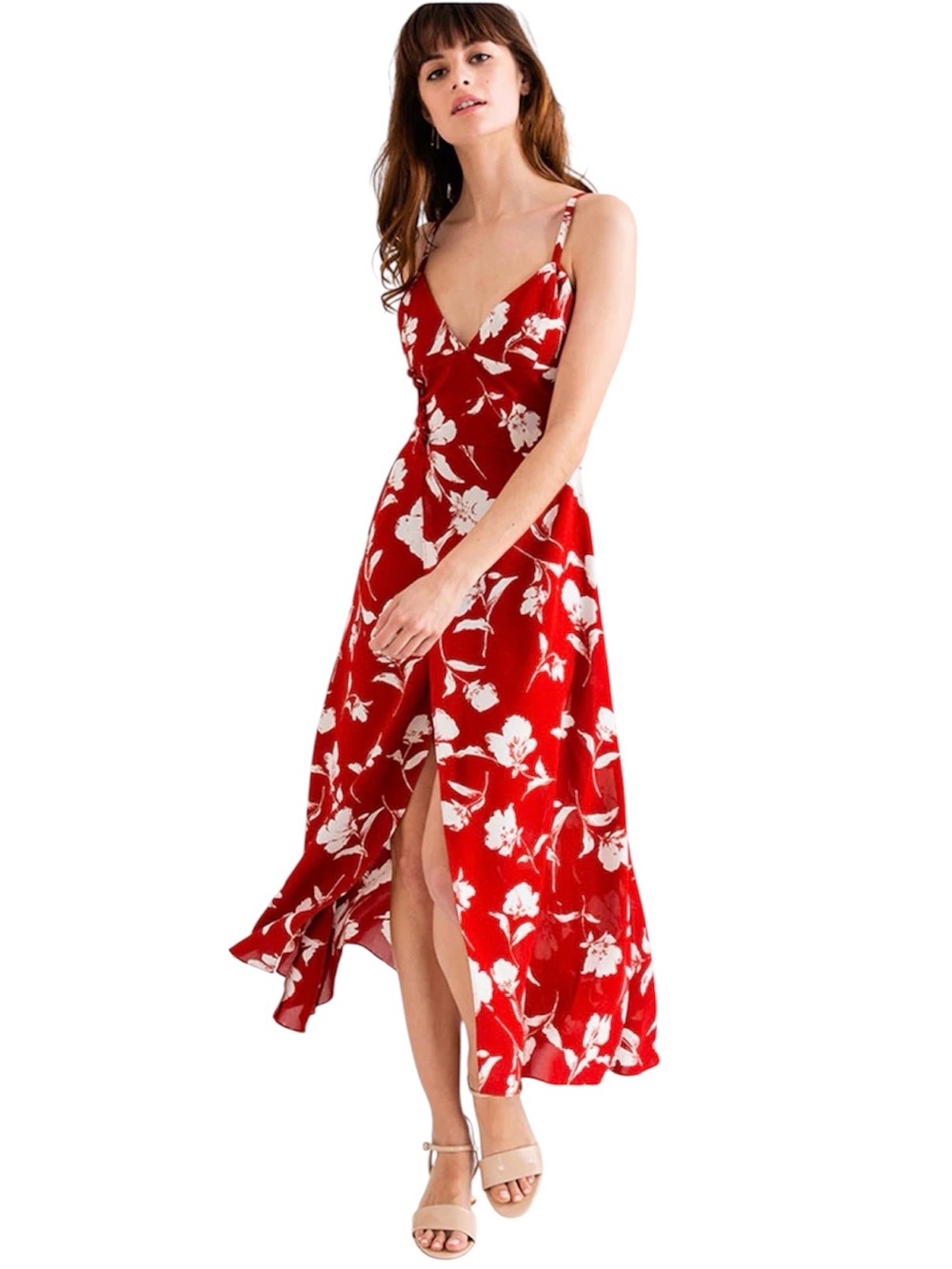 Petite Studio New York Carly Red Floral Midi Dress V-Neck Slit Boho Women’s XS